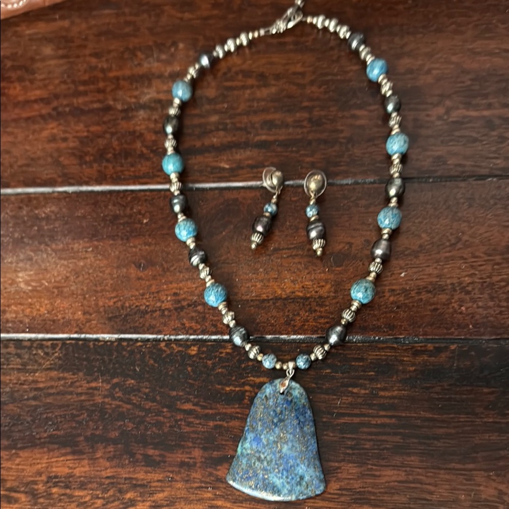 Chrysocolla and Black Pearl Necklace & Earrings Set